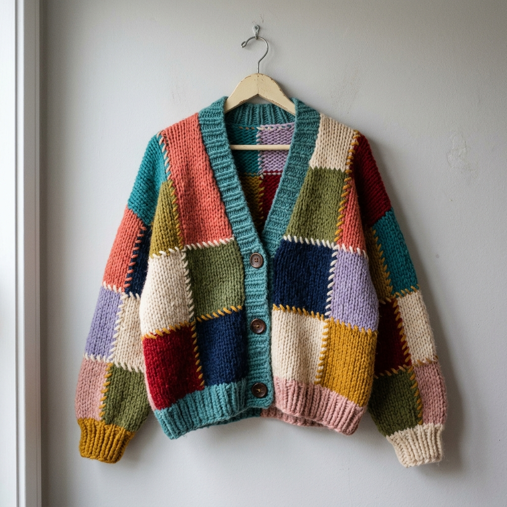Colorful Patchwork Knit Cardigan: Chunky Yarn Stashbuster Pattern